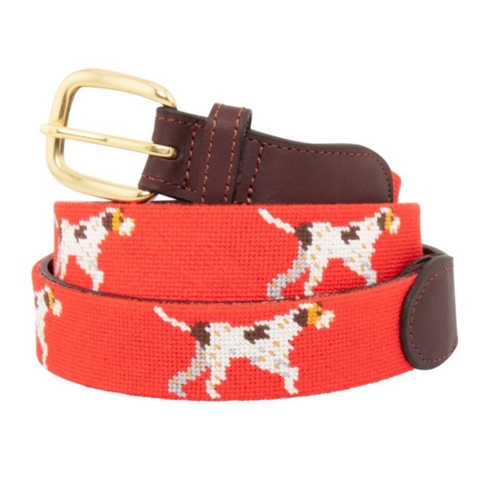 Orange Needlepoint Hunting Dog Belt with Brown Leather Trim